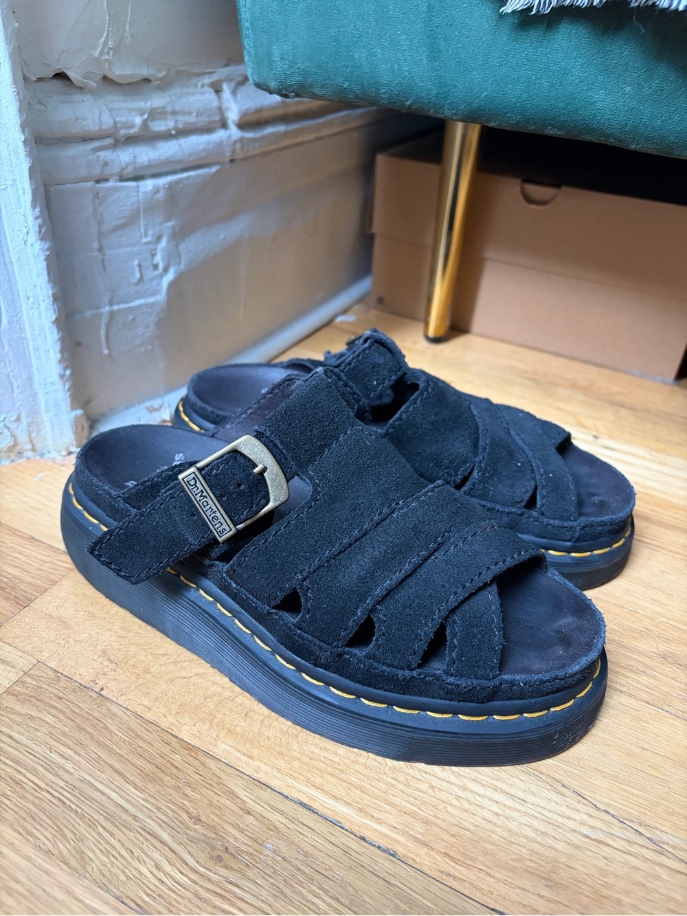 Black Suede Platform Slide Sandals with Buckle - Picture 2 of 7